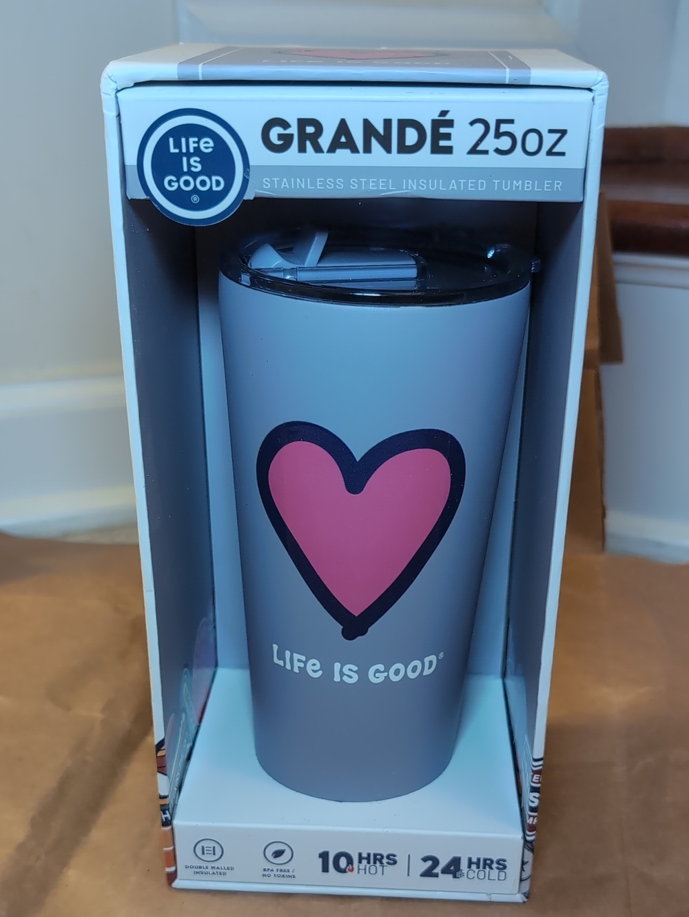 Life Is Good Gray Tumbler with Pink Heart - 25oz Stainless Steel